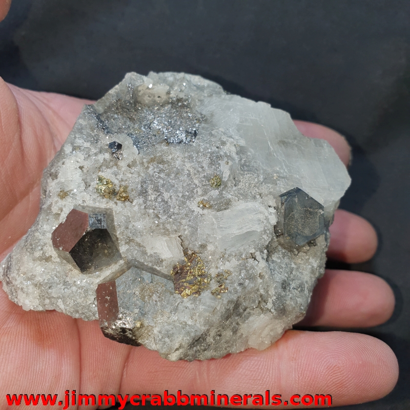 Carrolite in Calcite matrix with pyrite Stevie B – JIMMY CRABB MINERALS